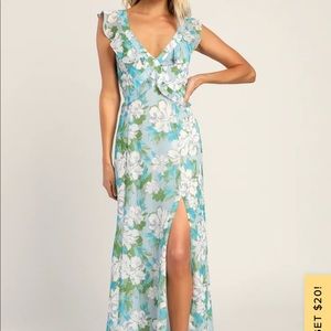 Lulus Sensational Spring Light Blue Floral Print Ruffled Maxi Dress